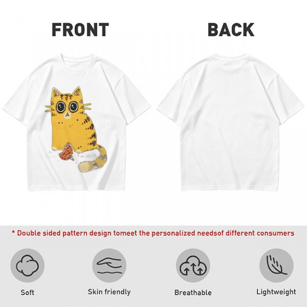Olive T-Shirt With Cute Surprised Orange Tabby Cat Holding Meat Print