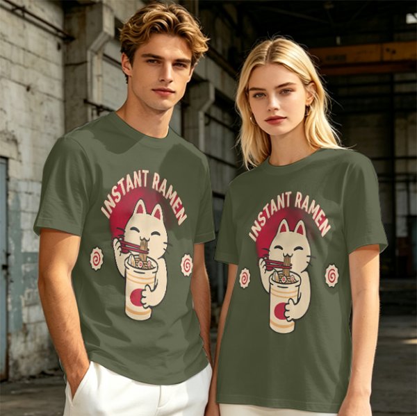 Olive green t-shirt with a cartoon cat eating instant ramen
