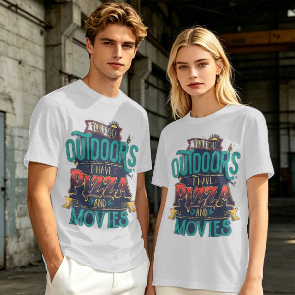 Olive Graphic T-Shirt With 'You Go Outdoors I Have Pizza And Movies' Print