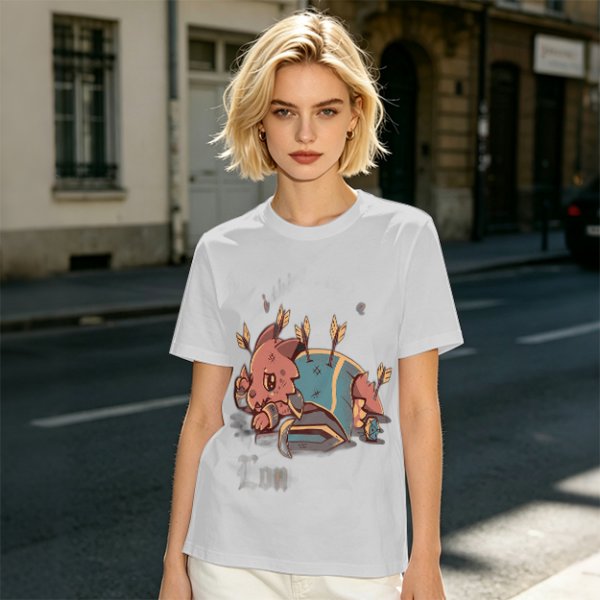 Olive T-shirt with Chibi Wounded Fantasy Creature Graphic