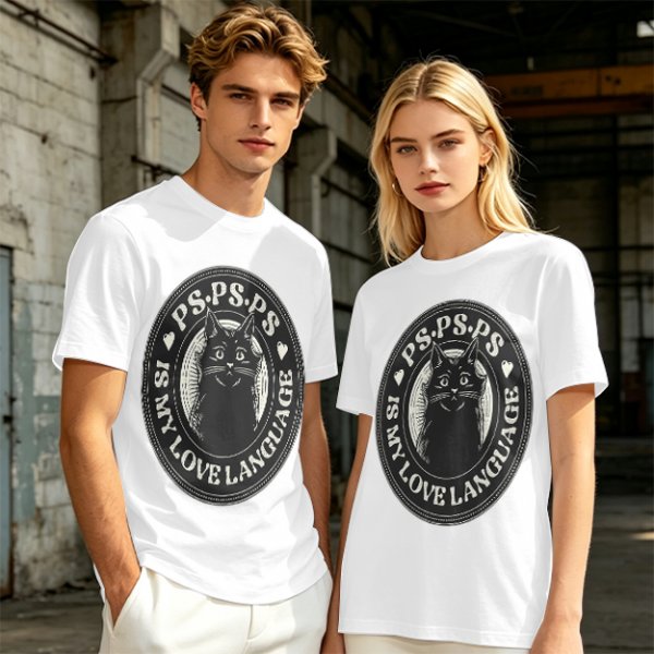 Olive cat graphic t-shirt with 'PS PS PS is my love language' print