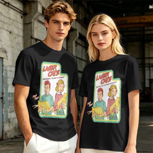Olive graphic tee with Laser Cats retro comic print of kids holding laser cats