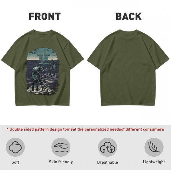 Olive T-shirt with two warriors standing in water holding swords