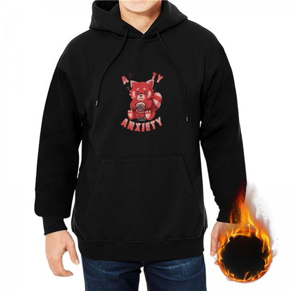 Black hoodie with anxious red panda anxiety graphic