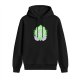 Black hoodie with green leaf and purple creature graphic