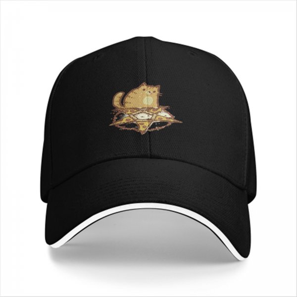 Black Baseball Cap With Cute Cat On Pizza Slice Graphic