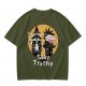 Olive graphic tee with punk raccoon and opossum 'Stay Trashy' print
