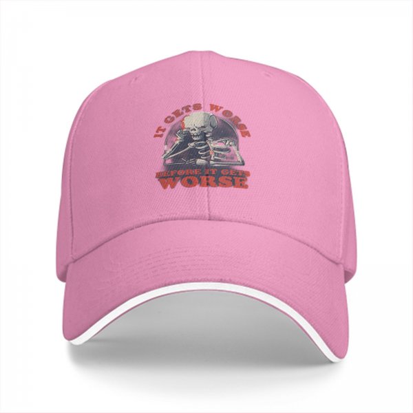 Black baseball cap with 'It Gets Worse Before It Gets Worse' skeleton graphic