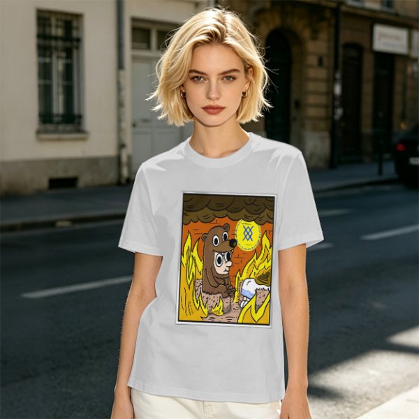 Olive T-shirt with Cartoon Bear Costume Figure in Flames Art