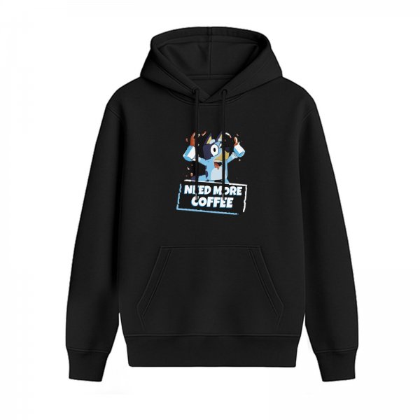 Black hoodie with 'Need More Coffee' and cartoon dog graphic