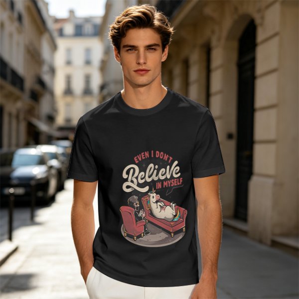 Olive graphic t-shirt with unicorn therapy and 'Even I Don't Believe In Myself' text