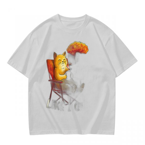 Olive T-Shirt Featuring a Relaxed Cat on a Chair with Fried Chicken Print