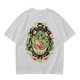 Olive green t-shirt with playful vegetable soup graphic print