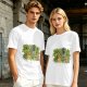 Olive T-Shirt With Playful Cat And House Plants Graphic