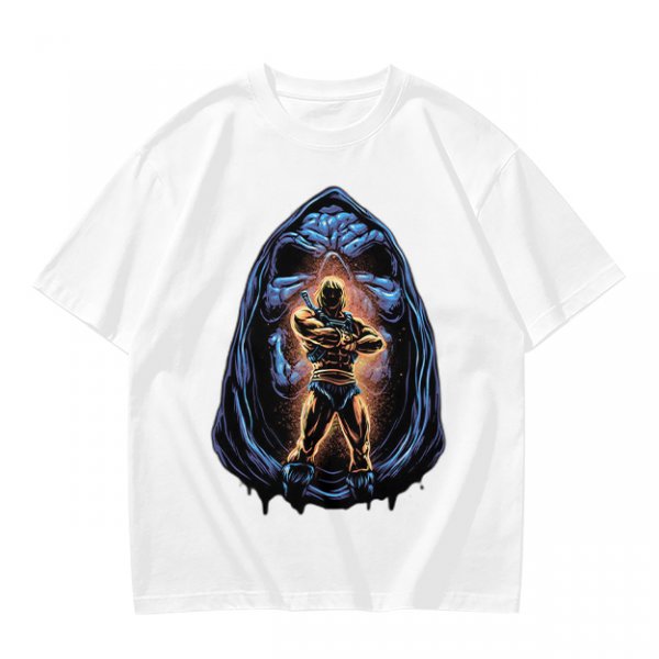 Olive T-Shirt with Muscular Hero Emerging from Hooded Figure Art