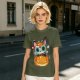 Olive t-shirt with sugar skull cat on jack-o'-lantern