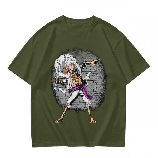 Olive T-shirt with One Piece Gear 5 Luffy Graphic Print