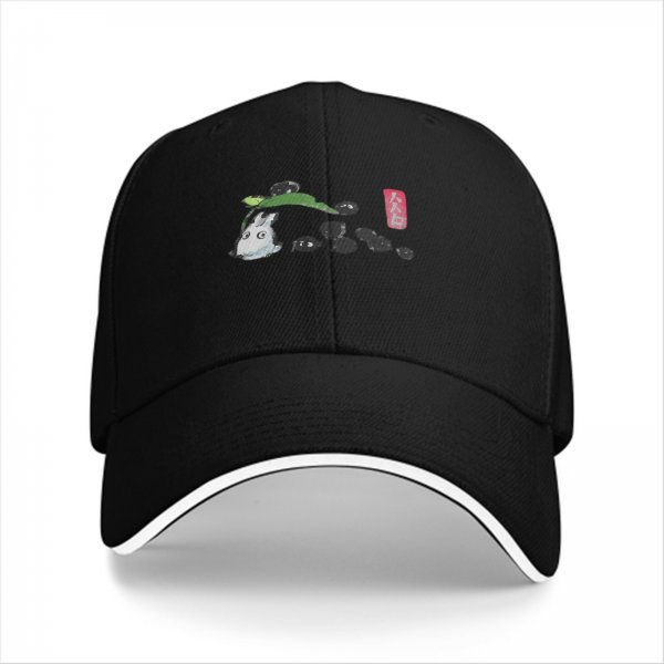 Black baseball cap with small forest spirit and soot sprite graphic