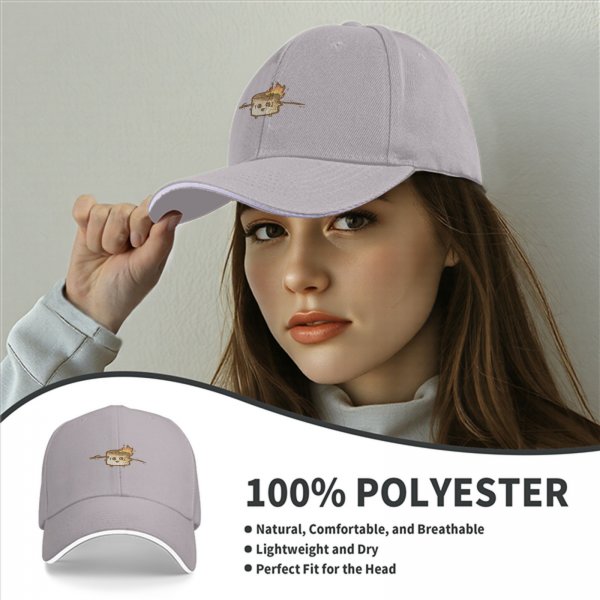 Black baseball cap with cute burning marshmallow graphic