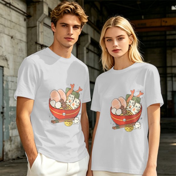 Olive T-Shirt With Cute Cat Ramen Bowl Graphic Print