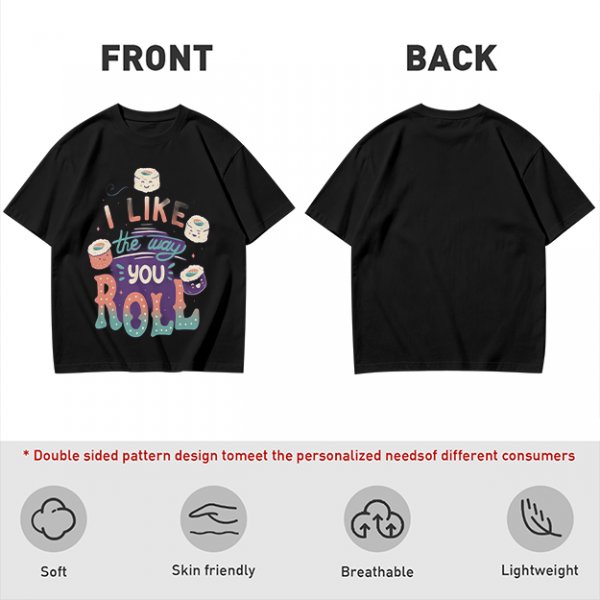 Olive T-Shirt With Cute Sushi Graphic and 'I Like The Way You Roll' Text
