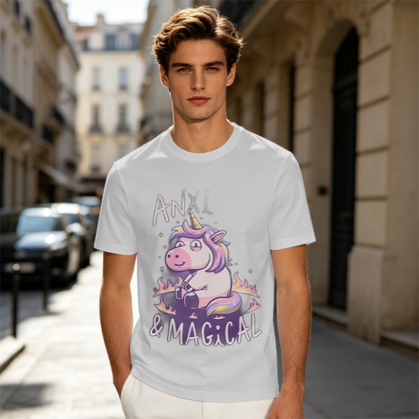 Anxious Magical Unicorn Graphic Olive T-Shirt