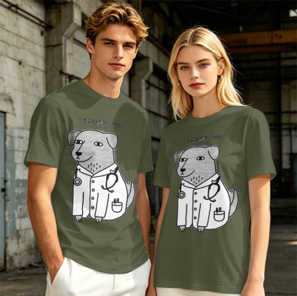 Olive T-shirt with Trust Me Doctor Dog Graphic Print