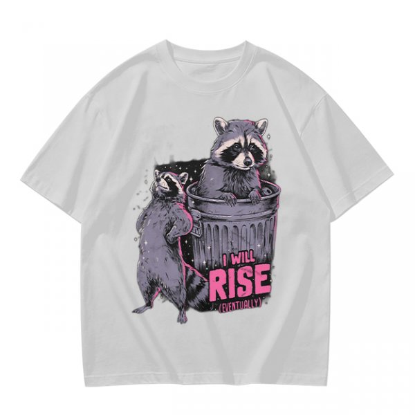 Olive graphic t-shirt with raccoons and 'I Will Rise Eventually' text