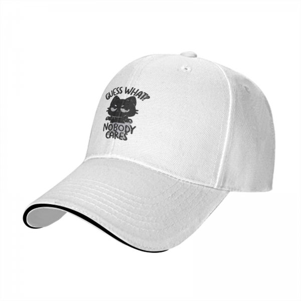 Black baseball cap with 'Guess What Nobody Cares' cat graphic