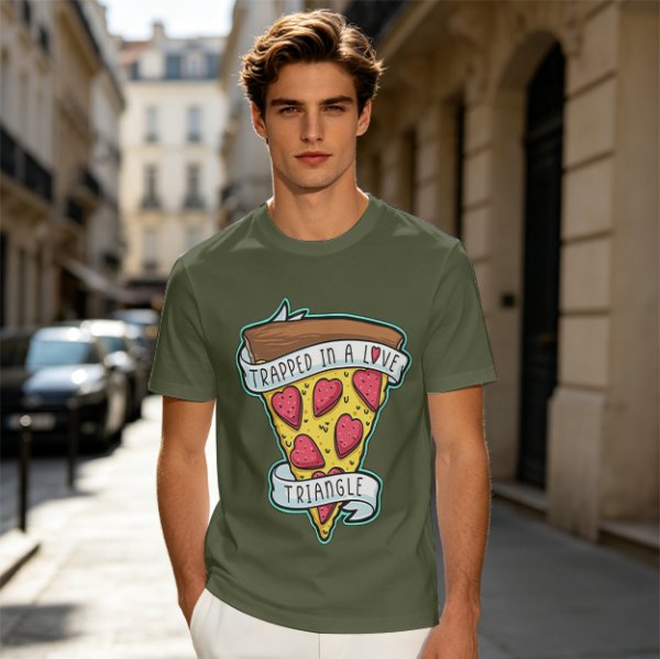 Olive T-Shirt With Pizza Slice 'Trapped In A Love Triangle' Print