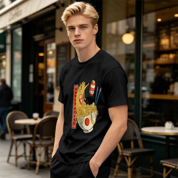 Olive T-Shirt With Ramen Bowl Graphic and Vertical Text Print