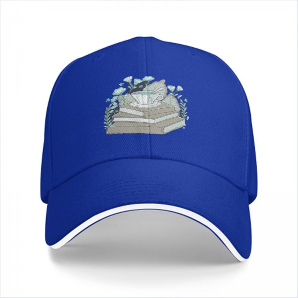 Black baseball cap with teacup on books and botanical print