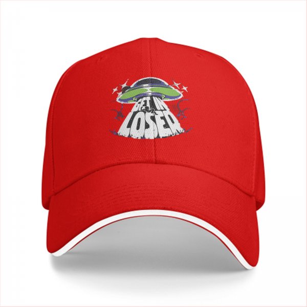 Black baseball cap with UFO and 'Get In Loser' graphic design