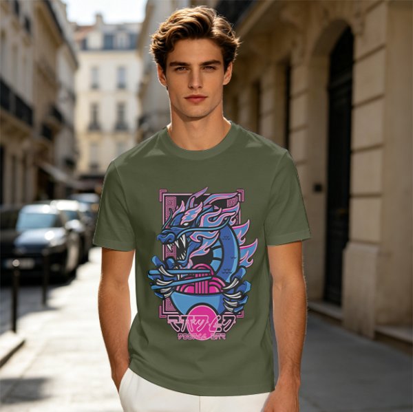 Olive T-Shirt With Neon Blue Dragon Holding Ramen Chopsticks Art