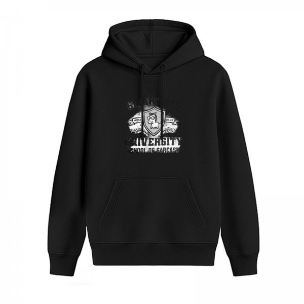 Black hoodie with sarcasm university graphic print