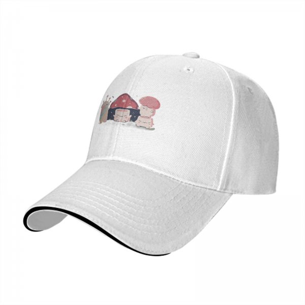 Black baseball cap with cute mushroom creature graphic print