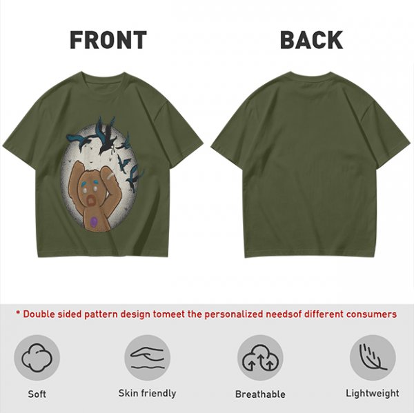 Olive T-shirt with a terrified gingerbread man and flying birds graphic