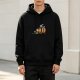 Black hoodie with cartoon of a man in traditional attire leaning on a beer barrel