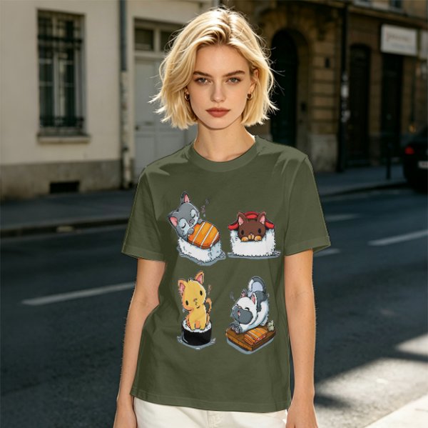 Olive T-shirt with cute cat sushi illustrations