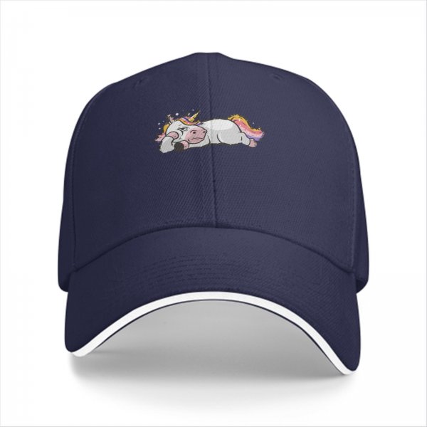 Black baseball cap with a lazy sleeping unicorn graphic