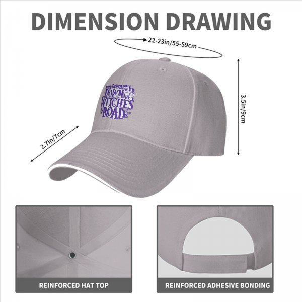 Black baseball cap with 'Down the Witches Road' Halloween themed print