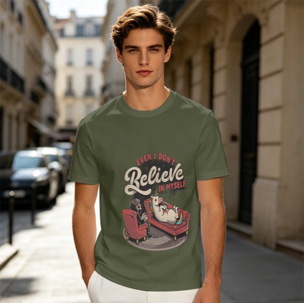 Olive graphic t-shirt with unicorn therapy and 'Even I Don't Believe In Myself' text
