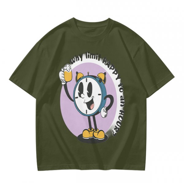 Olive T-Shirt With Cartoon Clock Holding Beer 'Happy Hour' Print