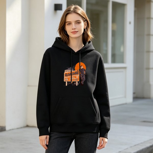 Black Hoodie With Michael's Garage Horror Artwork Print