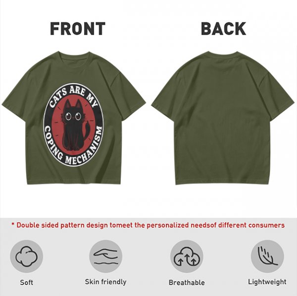 Olive t-shirt with 'Cats Are My Coping Mechanism' and black cat graphic
