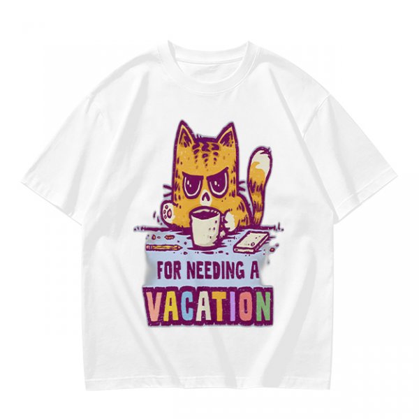 Olive t-shirt with a grumpy cat needing a vacation print