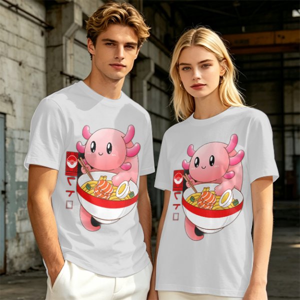 Olive T-Shirt Featuring a Cute Pink Axolotl Eating Ramen