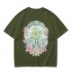 Olive Green Graphic T-Shirt With Whimsical Plant Creature And Floral Print
