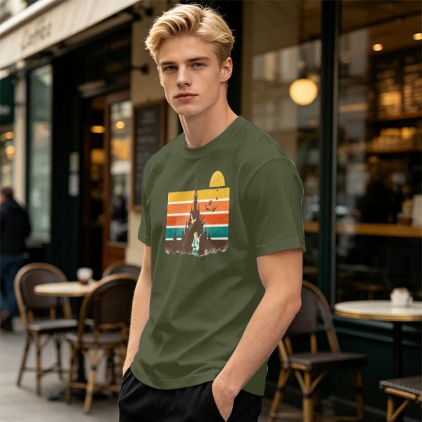 Olive T-Shirt With Retro Sunset Fantasy Castle Graphic