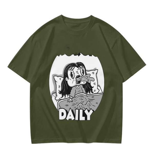 Olive green graphic t-shirt with bedridden cartoon girl and 'DAILY' text